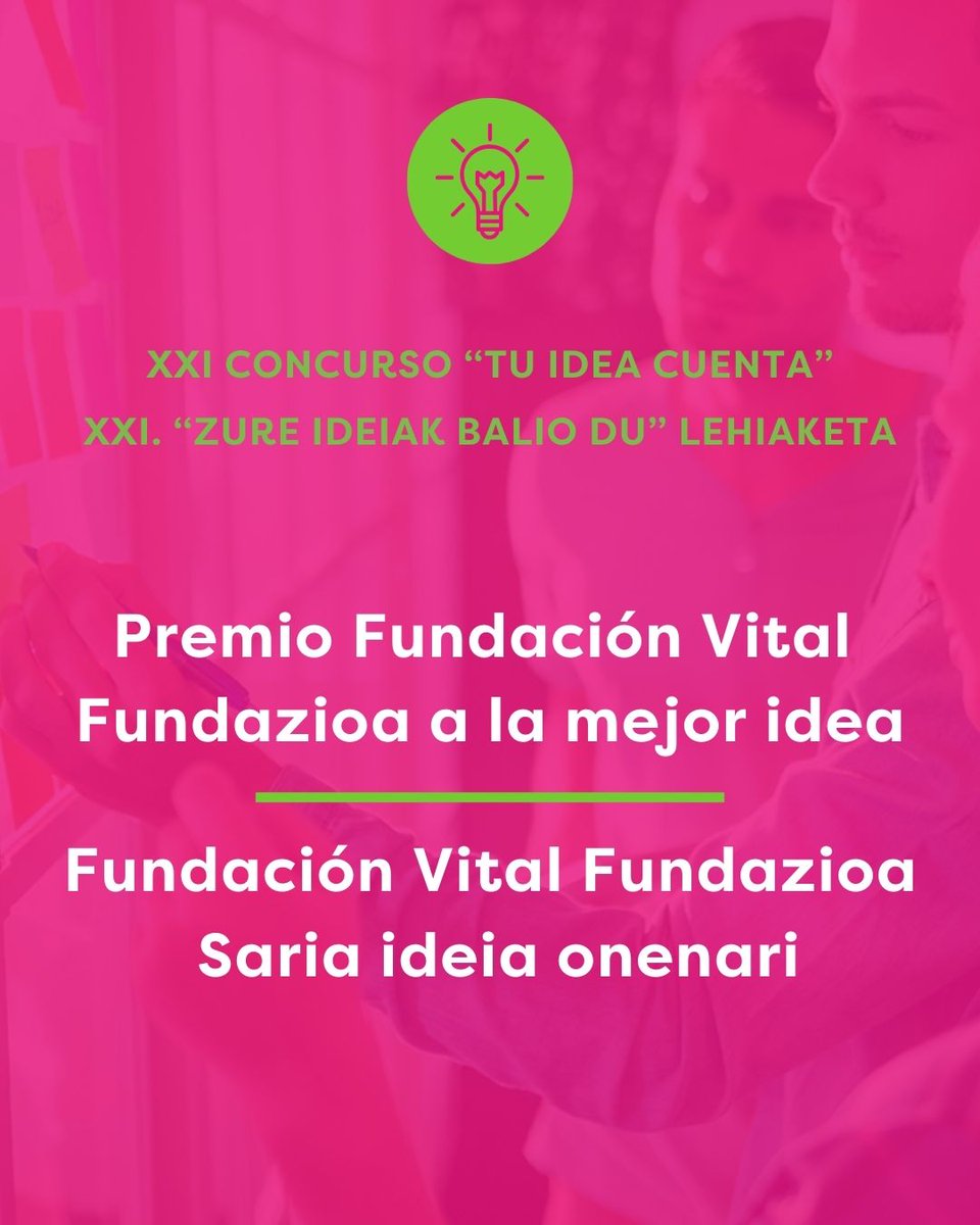 Alava Emprende (@alavaemprende) on Twitter photo 💡 Si tienes una idea innovadora con gran potencial, pero aún no has podido desarrollarla, esta es tu oportunidad.
Premio <a href="/VitalFundazioa/">Fundación Vital</a> a la mejor idea reconoce aquellas propuestas que destacan por su originalidad y visión de futuro.
🔗 Bases: alavaemprende.com/xxi-concurso-t… . 💡 Si tienes una idea innovadora con gran potencial, pero aún no has podido desarrollarla, esta es tu oportunidad.
Premio <a href="/VitalFundazioa/">Fundación Vital</a> a la mejor idea reconoce aquellas propuestas que destacan por su originalidad y visión de futuro.
🔗 Bases: alavaemprende.com/xxi-concurso-t… .