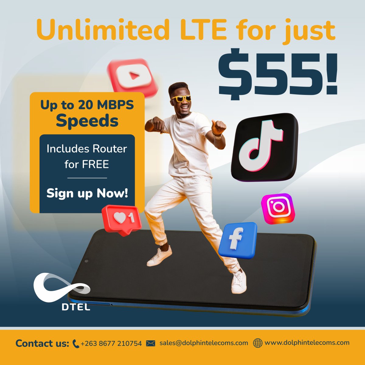 UNLIMITED LTE FIBRE $55/MONTH
This includes a router, fast LTE speeds, no limits, and no geo-locking!
Sign up now! Please send  a message to our contact centre at +263 71 784 8204 ( Whatsapp Only) or click link  wa.me/263717848204