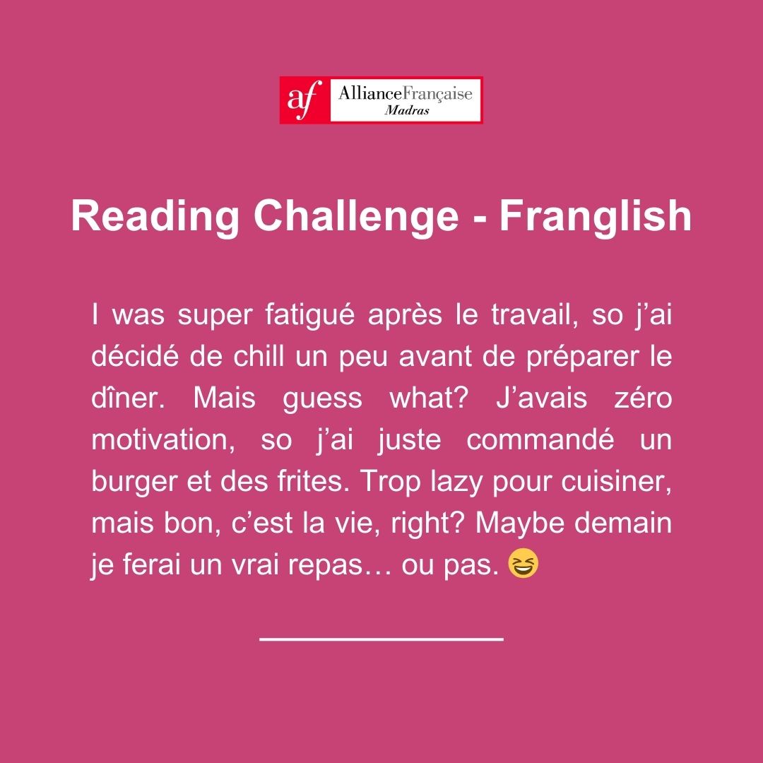 You won't be able to read this article if you are not Bilingual. How long did it take you to read this? Leave your thoughts in the comments below. 👇😎
#franglais #learnfrench #learnfrenchonline #frenchlanguage #french #afmadras #alliancefrancaise #bilingual #FunWithFrench