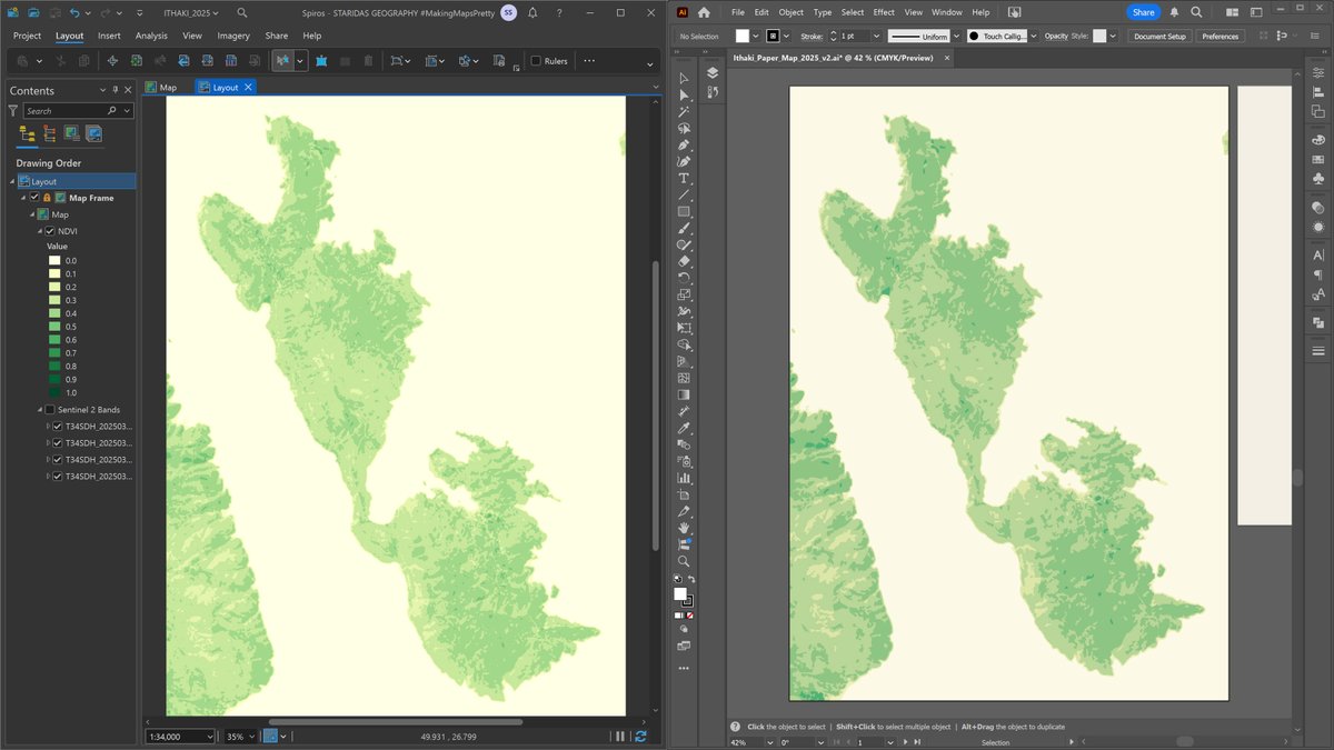 Processing the vegetation index from a Sentinel-2 image in #ArcGISPro, then integrating it into #AdobeIllustrator to map green coverage on a topographic design. Commissioned project; work in progress; more updates soon!