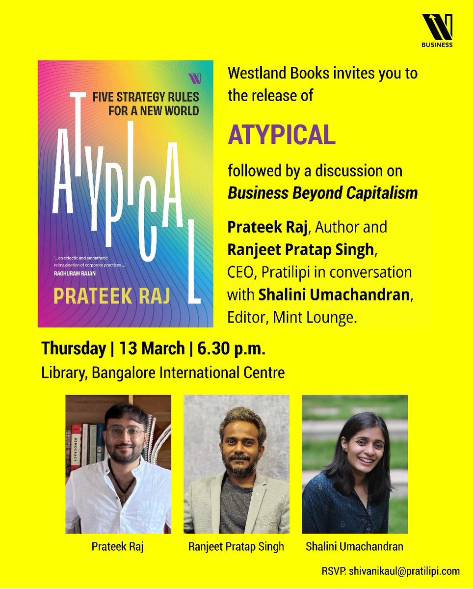 #Bengaluru !

This Thursday we are launching Prateek Raj’s Atypical with our <a href="/TeamPratilipi/">Pratilipi</a> CEO <a href="/ThEbmr/">Ranjeet Pratap Singh</a> and <a href="/shalinimb/">Shalini Umachandran</a> with a discussion around what good companies can do in a volatile world. 

Happening at <a href="/bicblr/">Bangalore International Centre</a>. Join us!