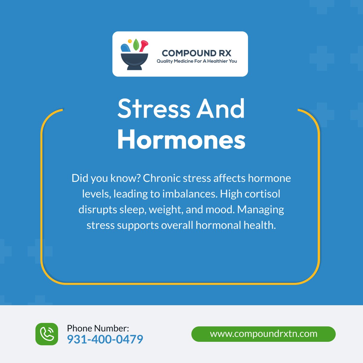 CompoundRx24's tweet image. Stress impacts hormones. It affects everything from sleep to metabolism! Learn how to support balance for better well-being. 

#CookevilleTN #CompoundingPharmacy #HormonalHealth