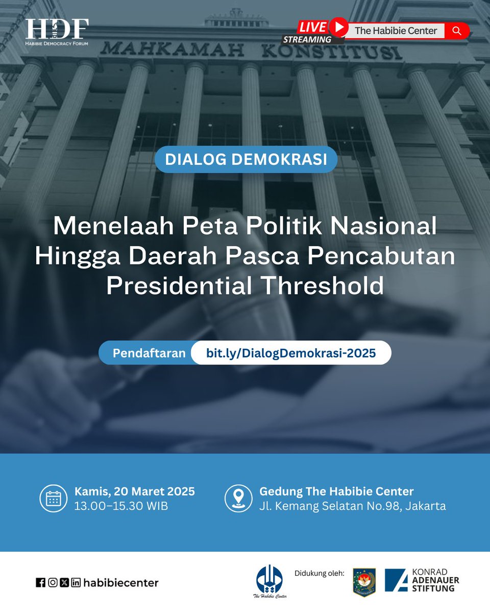 habibiecenter (@habibiecenter) on Twitter photo The Habibie Center didukung oleh <a href="/KASIndonesia/">Konrad-Adenauer-Stiftung Indonesia</a> dan <a href="/BPSDMkemendagri/">BPSDM.Kemendagri</a>, akan menyelenggarakan Dialog Demokrasi yang berjudul “Menelaah Peta Politik Nasional Hingga Daerah Pasca Pencabutan Presidential Threshold”. The Habibie Center didukung oleh <a href="/KASIndonesia/">Konrad-Adenauer-Stiftung Indonesia</a> dan <a href="/BPSDMkemendagri/">BPSDM.Kemendagri</a>, akan menyelenggarakan Dialog Demokrasi yang berjudul “Menelaah Peta Politik Nasional Hingga Daerah Pasca Pencabutan Presidential Threshold”.