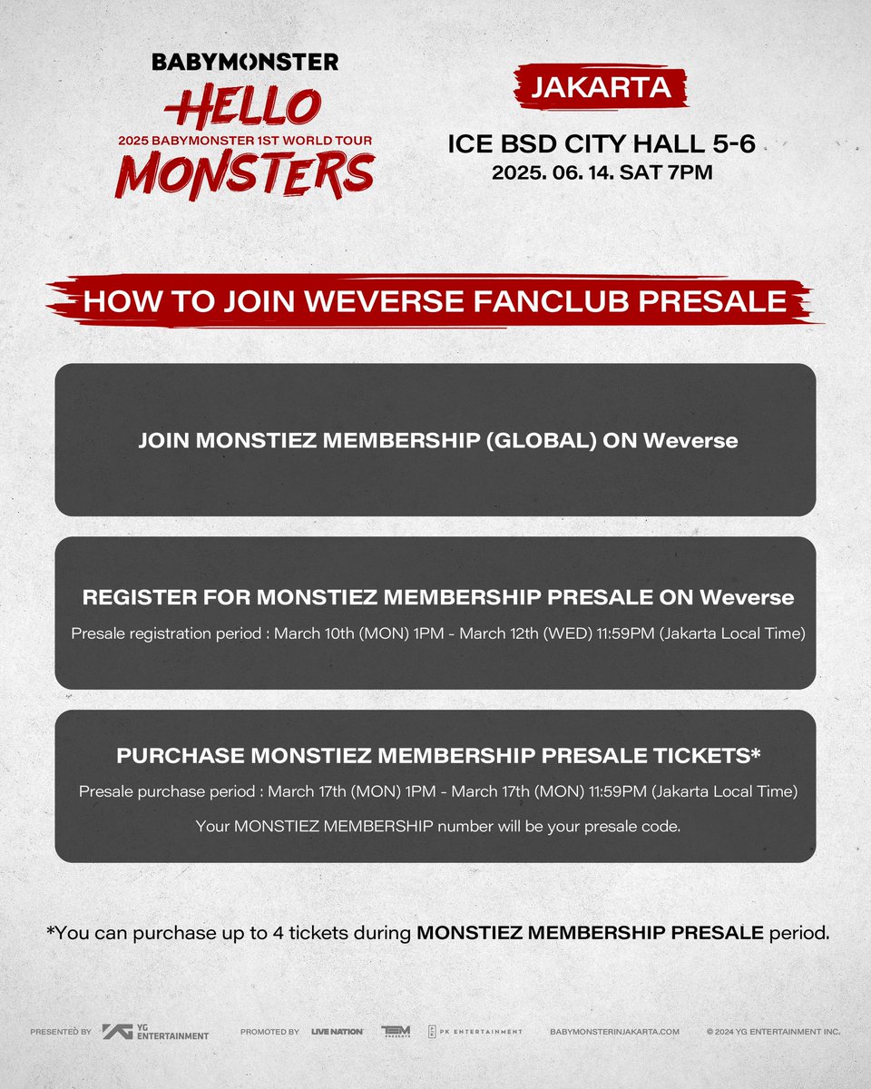 📣💖<a href="/YGBABYMONSTER_/">BABYMONSTER</a> is making a highly anticipated comeback to Jakarta for their 2025 BABYMONSTER 1ST WORLD TOUR <HELLO MONSTERS> IN JAKARTA! Get ready for anunforgettable night with them in Jakarta!

📅 Saturday, 14 June 2025
📍ICE BSD City Hall 5-6

🎫 Tickets will be available