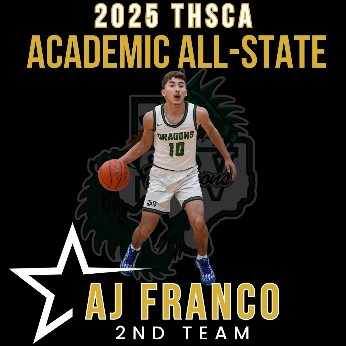 Congratulations to <a href="/aj_franco10/">Aj Franco</a>  on receiving 2nd Team to the <a href="/THSCAcoaches/">THSCA</a>  Academic All-State basketball team.
<a href="/SASWAthletics/">SWHS Athletics</a> <a href="/SASWAthletics/">SWHS Athletics</a> <a href="/rcaudiosports/">RC Audio Sports</a>