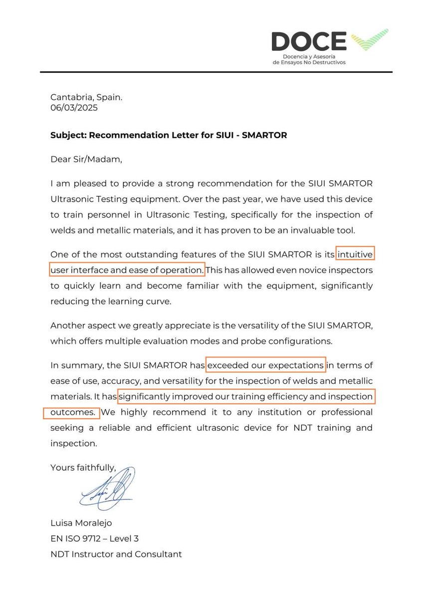 ndt_siui's tweet image. Nice comment about #Smartor (SIUI) from NDT training center DOCE in Spain. 🎉