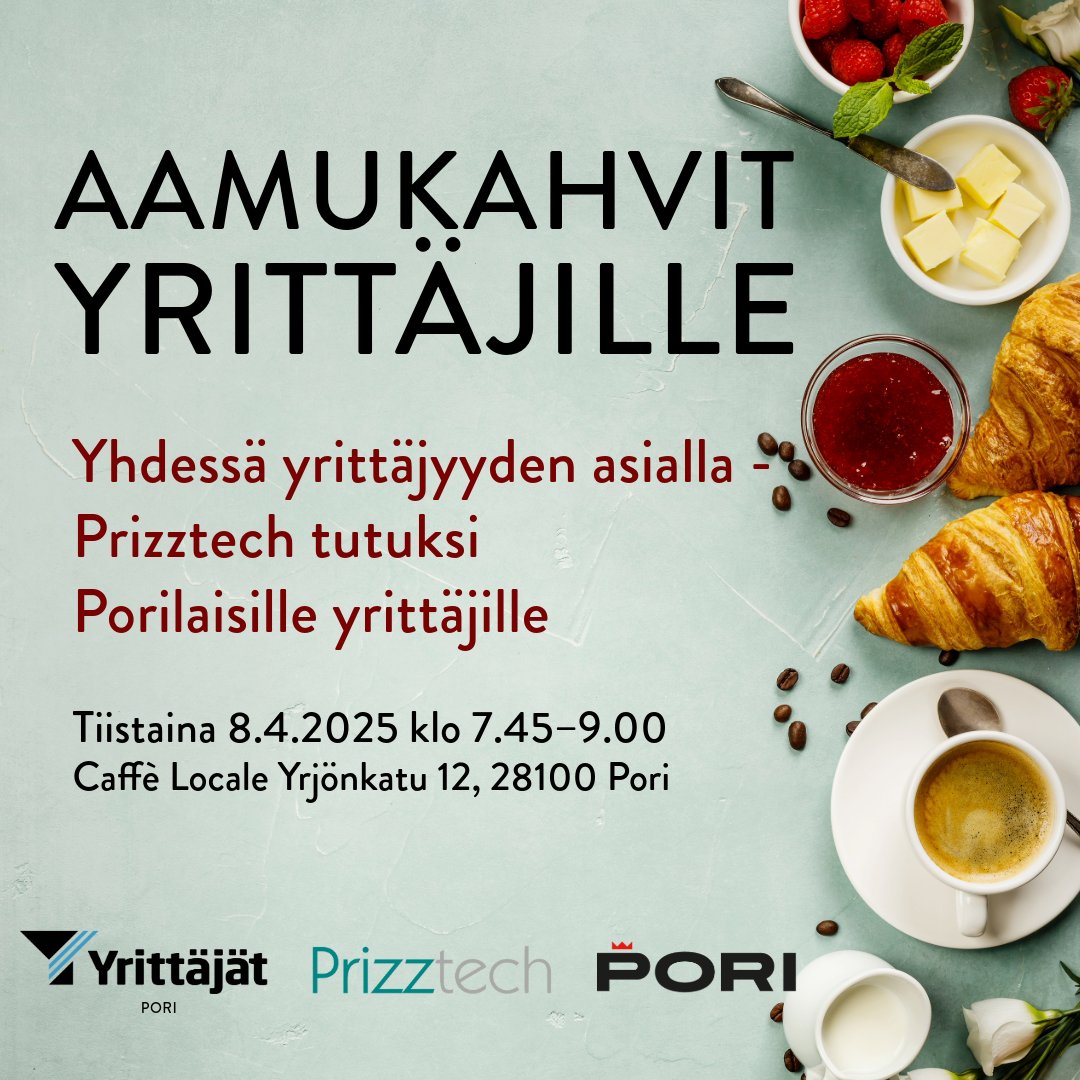 Yhdessä yrittäjyyden asialla - Prizztech tutuksi Porilaisille yrittäjille

08.04.2025 klo 07:45 - 09:00
Caffè Locale Yrjönkatu 12, 28100 Pori

✨Ilmoittaudu mukaan: prizz.fi/ajankohtaista/…

#yrittäjä #yrittäjyys #prizztech