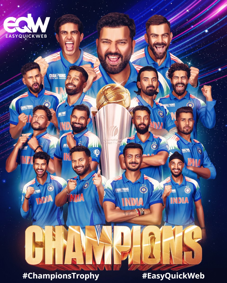 EasyQuickWeb's tweet image. 𝐂𝐡𝐚𝐤 𝐃𝐞 𝐈𝐧𝐝𝐢𝐚!
Team India reigns supreme in the ICC Champions Trophy.
#ChampionsTrophy
#TeamIndia
#ChampionsTrophy2025