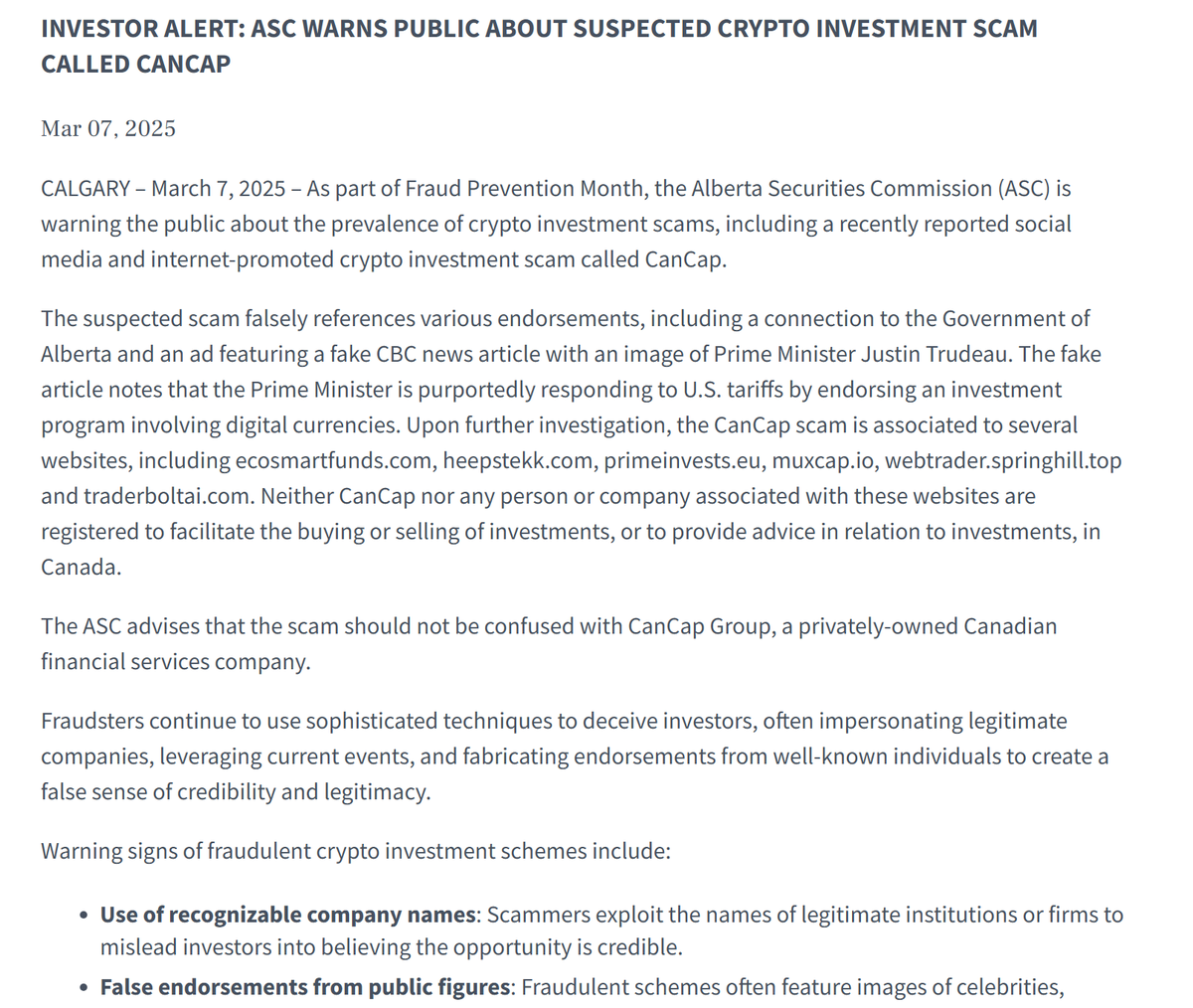 🔵 - MTC - "Attenzione agli Investitori: La Commissione dei Valori Mobiliari dell'Alberta Avverte su un Schema di Frode Criptovalute"