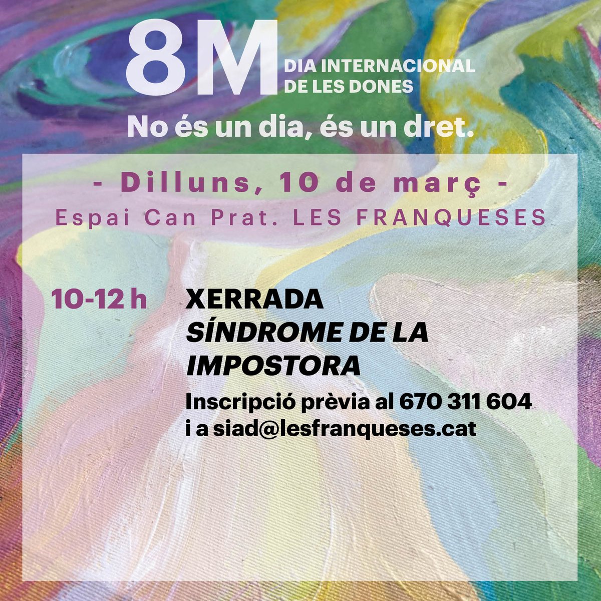 Bon dia #lesFranqueses! Avui, 🌡 entre 7º i 15º i una treva en les pluges. Aquest matí tanquem els actes del #8M amb la xerrada "Síndrome de la impostora" amb Arantxa perales Echevarria i Sara Yagüe Gil. serà a les 10 h a l'Espai Can Prat.
