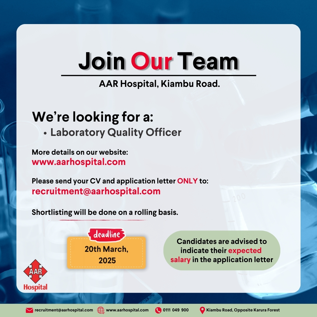 AAR Hospital (@aarhospital) on Twitter photo We are looking to fill the position of Laboratory Quality Officer
Send your CV & Application letter only to recruitment@aarhospital.com. Also please visit our website here: aarhospital.com/careers/ to find out more about the job
#aarhospital #IkoKaziKE #laboratoryquality #health We are looking to fill the position of Laboratory Quality Officer
Send your CV & Application letter only to recruitment@aarhospital.com. Also please visit our website here: aarhospital.com/careers/ to find out more about the job
#aarhospital #IkoKaziKE #laboratoryquality #health