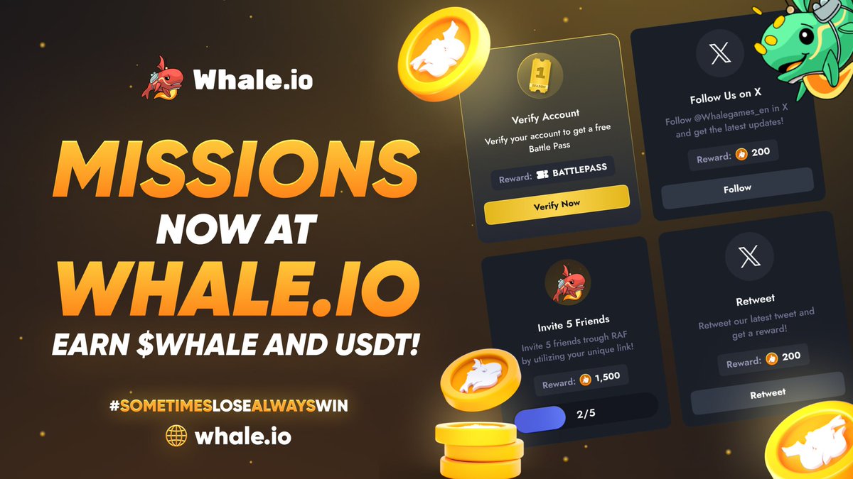 🐳 EARN WITH MISSIONS! 🐳

New Missions are LIVE on Whale.io!

Collect $Whale Tokens while you can! 🐳

Time’s ticking! ⏳