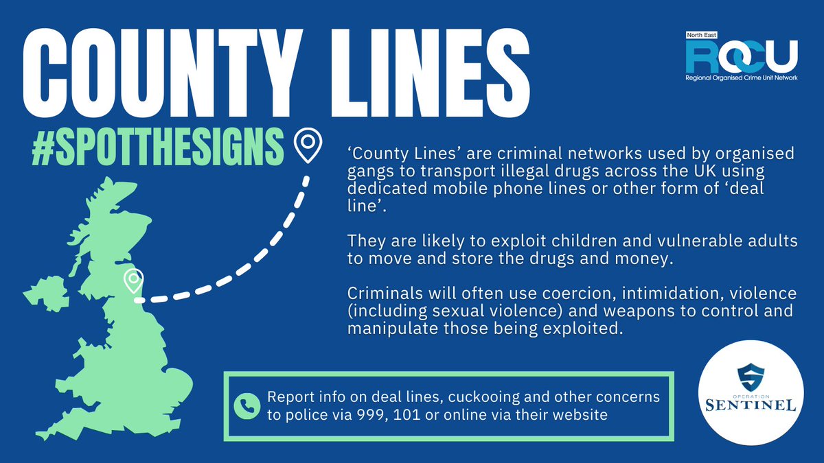 ⚠️ #SpotTheSigns of #CountyLines &amp; help protect vulnerable victims.

-Acting anxious &amp; frightened
-Have more than one phone
-Carrying lots of cash or buying new expensive items
-Travelling alone, looking lost
-With older individuals or being controlled by others

Find out more 👇