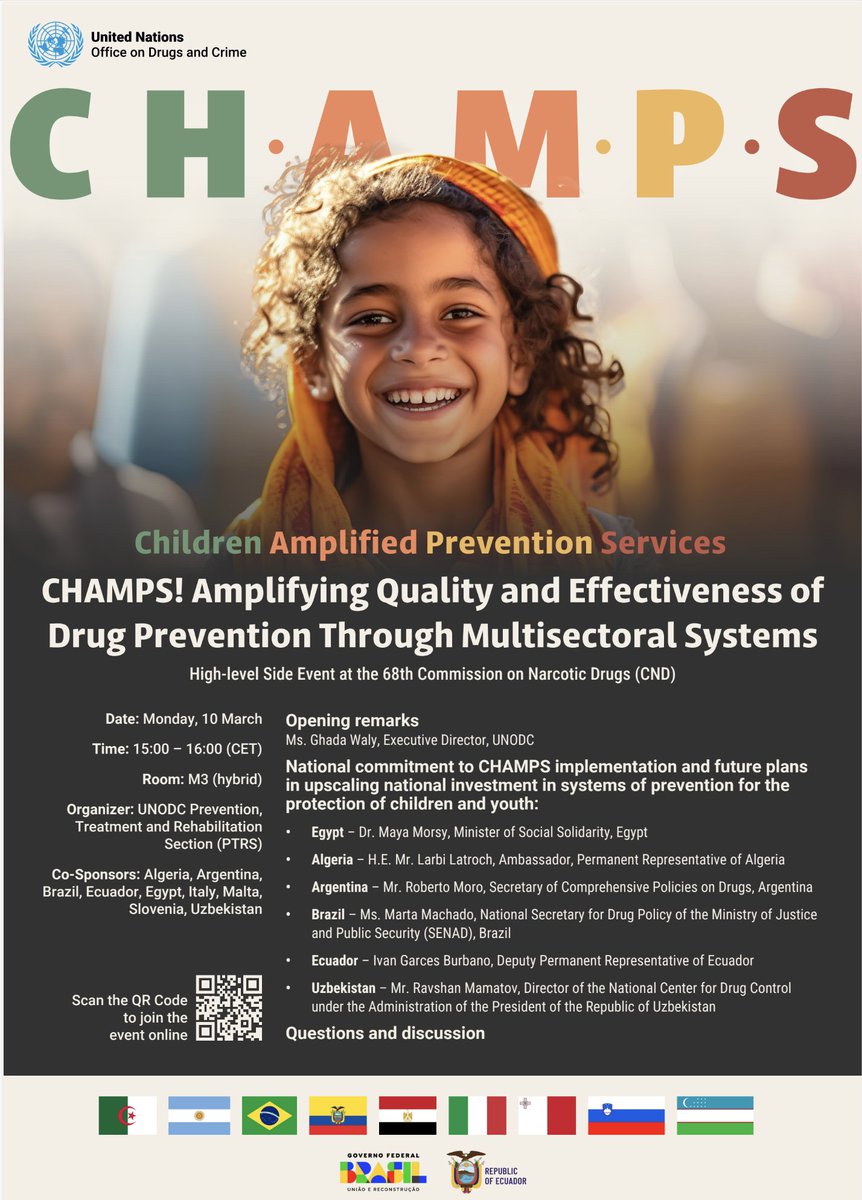 UNODC Prevention Treatment Rehabilitation Section (@unodc_ptrs) on Twitter photo Join us at #CND68 for an insightful discussion on #CHAMPS!
Amplifying Quality and Effectiveness of Drug Prevention Through Multisectoral Systems.
📅 15:00 CET
📍 M Conference Room 3
🔗 shorturl.at/Kkbnm
Organized by <a href="/UNODC/">UN Office on Drugs & Crime</a> PTRS w/ the support of 🇩🇿🇦🇷🇧🇷🇪🇨🇪🇬🇮🇹🇲🇹🇸🇮🇺🇿 Join us at #CND68 for an insightful discussion on #CHAMPS!
Amplifying Quality and Effectiveness of Drug Prevention Through Multisectoral Systems.
📅 15:00 CET
📍 M Conference Room 3
🔗 shorturl.at/Kkbnm
Organized by <a href="/UNODC/">UN Office on Drugs & Crime</a> PTRS w/ the support of 🇩🇿🇦🇷🇧🇷🇪🇨🇪🇬🇮🇹🇲🇹🇸🇮🇺🇿