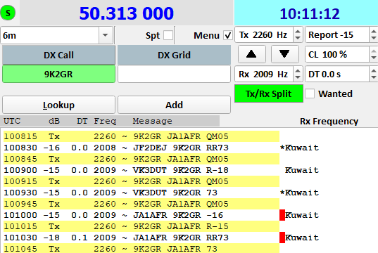 Just worked #9K2GR on a skewed path 230 degrees from my place.