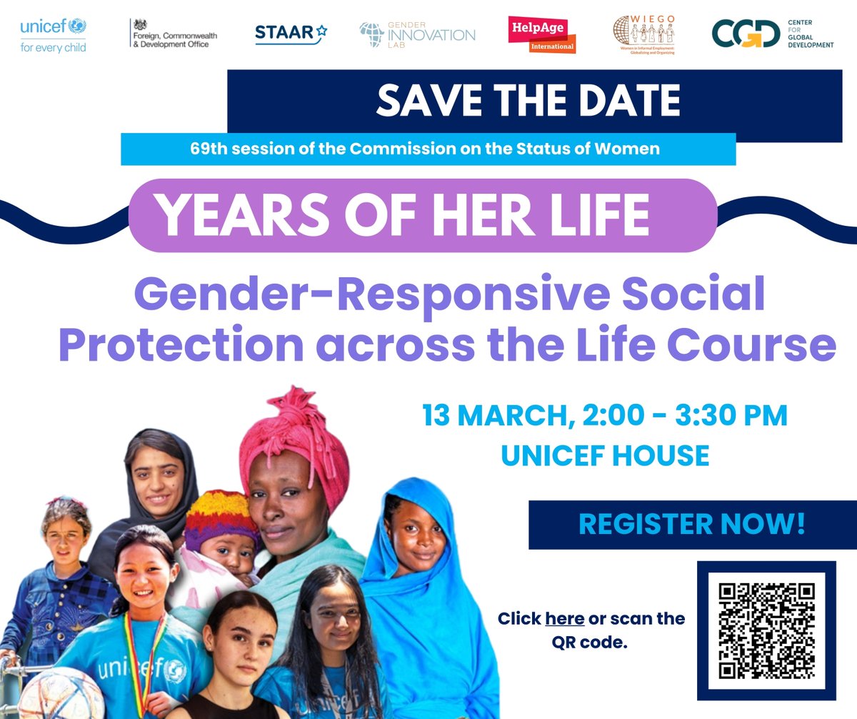 Over 2 billion women and girls lack access to social protection—worsening the deprivations that disproportionately affect them.

Our #CSW69 event will highlight gender inequalities across the life course and how social protection can help: unicef.link/3EZWEKL