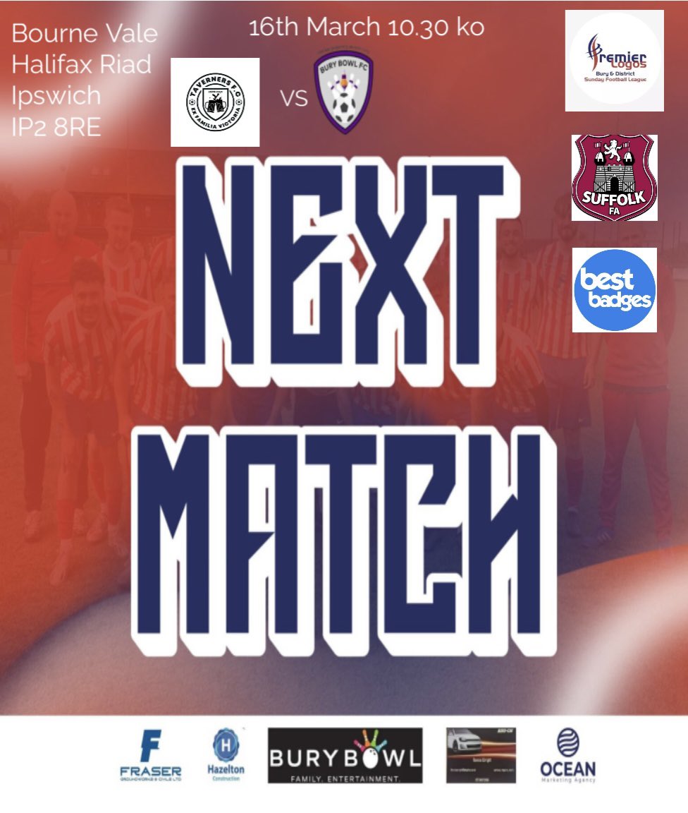 <a href="/BuryBowlFC/">BuryBowlFC</a> travel to ipswich to play <a href="/TavernersFC1967/">The Invincible Tavs</a> in the <a href="/bestbadges/">Best Badges Ltd</a> <a href="/SuffolkFA/">Suffolk Football Association</a> Shield semi final in a repeat of last years semi final. #UpTheBowl #HalaBowl 🔴⚪️🔵