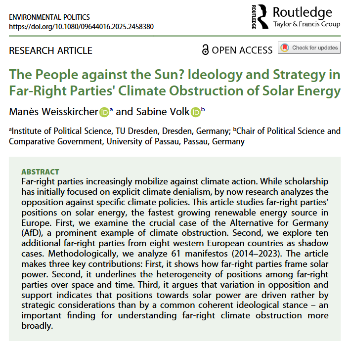 Env_Pol's tweet photo. New article - Open Access! 

The People against the Sun? Ideology and Strategy in Far-Right Parties' Climate Obstruction of Solar Energy by @ManesWeissk  @SabineDVolk. 

https://t.co/OoKMzMvFyk https://t.co/HvDYs9OsGX