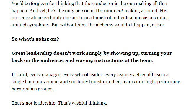 What an article to start the week with <a href="/NoTosh/">NoTosh</a> <a href="/ewanmcintosh/">Ewan McIntosh</a> 🎺🎵

"Leadership, like conducting, is not about delivering instruction and directing every move. Leadership, like conducting, is ensuring that every individual contributes their most beautiful work to the whole."