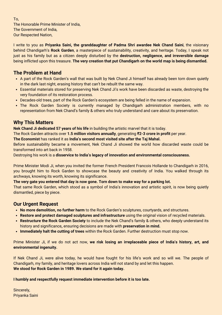 priyanka_saini9's tweet image. The very gate @narendramodi walked through in 2016 with France’s President is now gone, demolished for a parking lot. Rock Garden is being dismantled in silence. My open letter demands answers. @PMOIndia, act now. #saverockgarden