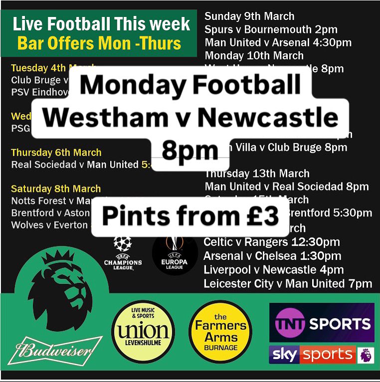 Monday Football #Westham v #newcastle 8pm Pints from £3 in Union and Farmers Arms