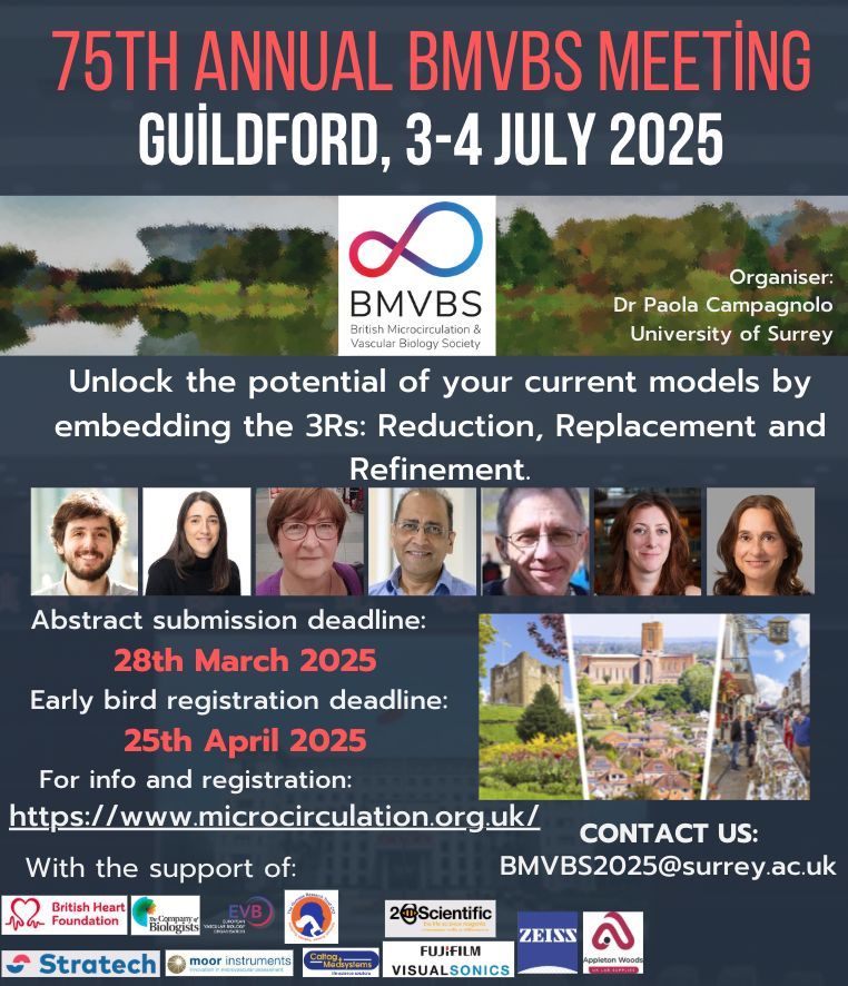 EVBO (@evb_org) on Twitter photo EVBO proudly supports the 75th Annual Meeting of the <a href="/BMVBSoc/">British Microcirc. & Vascular Biology Society</a> at the University of Surrey (Guildford, UK) on 3rd-4th July 2025.
Registration (early bird deadline 25/4) and abstract submissions (deadline 28/3) are now open: buff.ly/5FOLvkS
Contact: BMVBS2025@surrey.ac.uk EVBO proudly supports the 75th Annual Meeting of the <a href="/BMVBSoc/">British Microcirc. & Vascular Biology Society</a> at the University of Surrey (Guildford, UK) on 3rd-4th July 2025.
Registration (early bird deadline 25/4) and abstract submissions (deadline 28/3) are now open: buff.ly/5FOLvkS
Contact: BMVBS2025@surrey.ac.uk