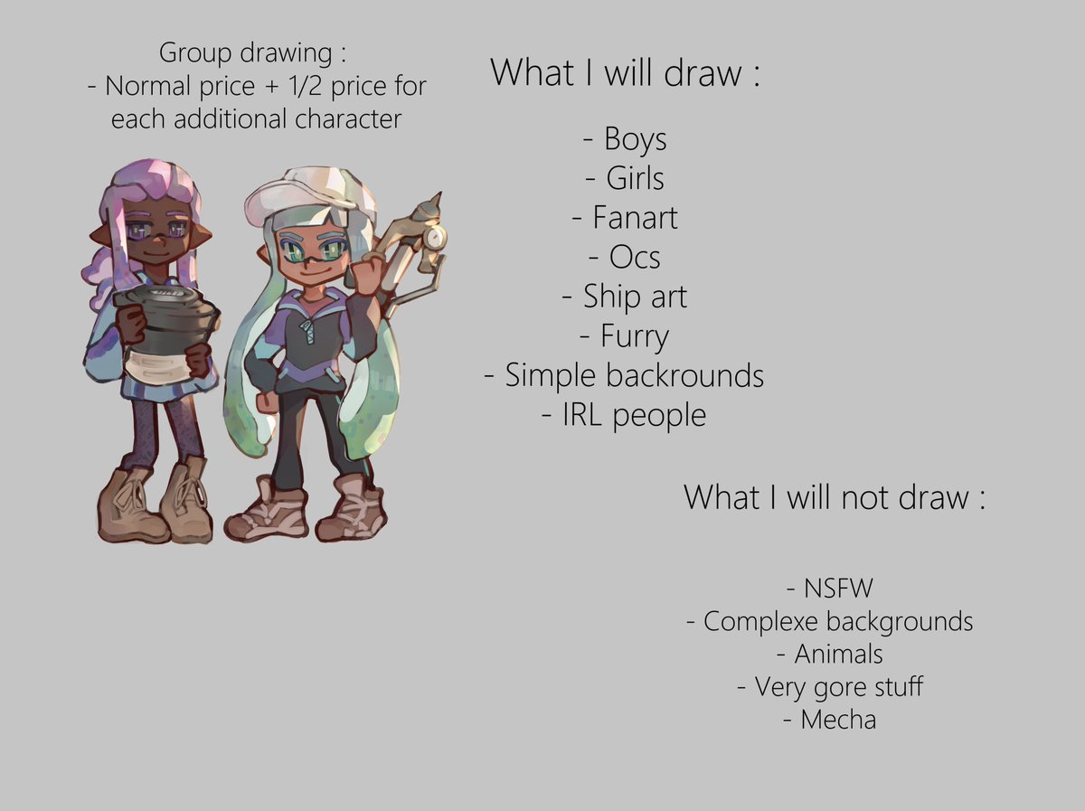 _Karma_art's tweet image. Hello ! 

Après une/deux semaines de petite pause, mes commissions sont de nouveau ouvertes ! 
Mes mps sont ouverts pour n'importe quelle question alors hésitez pas ! :)

#art #artist #commission #commissionopen #draw #drawing #splatoon #splatoon3 #sp3