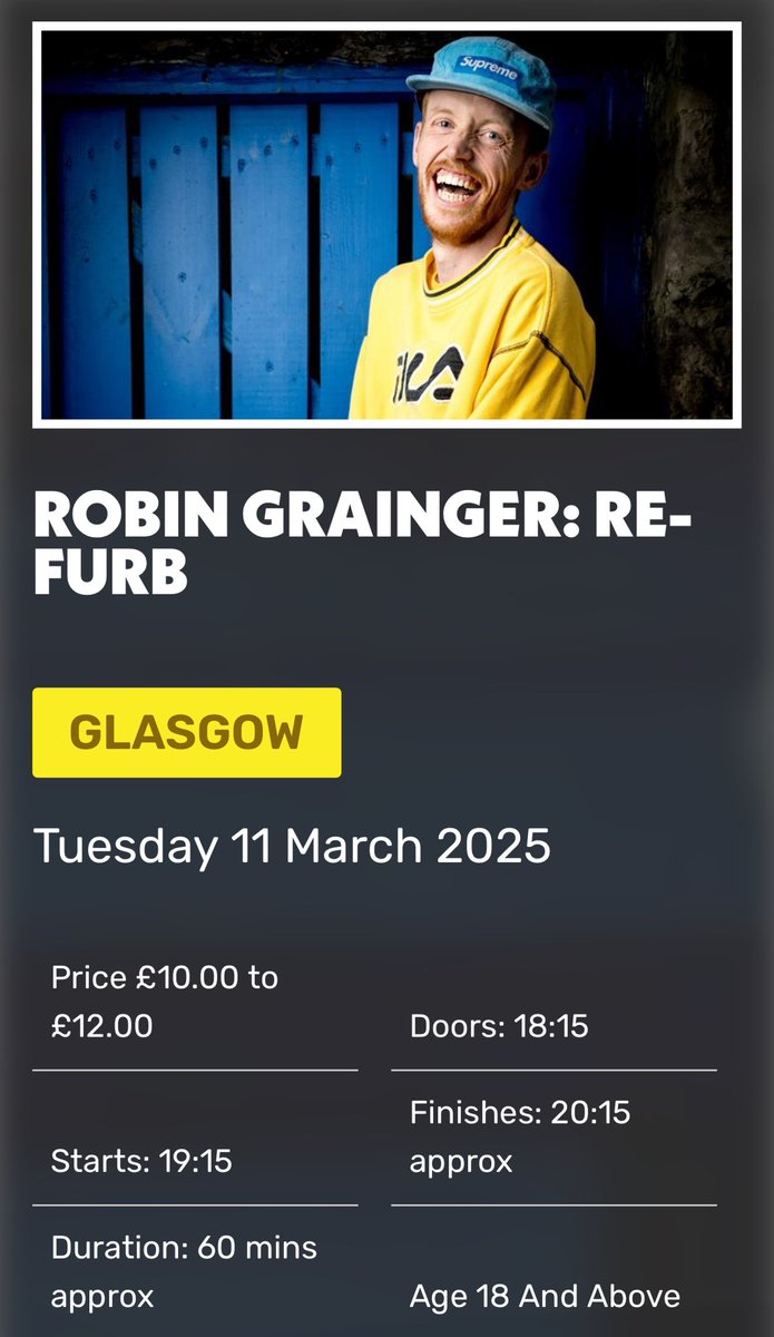 Robin Grainger (@robingrainger) on Twitter photo This is TOMORROW!
Long-listed for the Sir Billy Connolly Spirit of Glasgow Award
“simply, innately funny” ⭐️⭐️⭐️⭐️⭐️
-therealchrisparkle
“Brilliant standup” ⭐️⭐️⭐️⭐️ -<a href="/thelistmagazine/">The List</a>
“It’s dope”- <a href="/KevinHart4real/">Kevin Hart</a>
<a href="/StandGlasgow/">The Stand Glasgow</a> <a href="/GlasgowComedy/">Glasgow Comedy Festival</a>
🎟️: thestand.co.uk/performance/18… This is TOMORROW!
Long-listed for the Sir Billy Connolly Spirit of Glasgow Award
“simply, innately funny” ⭐️⭐️⭐️⭐️⭐️
-therealchrisparkle
“Brilliant standup” ⭐️⭐️⭐️⭐️ -<a href="/thelistmagazine/">The List</a>
“It’s dope”- <a href="/KevinHart4real/">Kevin Hart</a>
<a href="/StandGlasgow/">The Stand Glasgow</a> <a href="/GlasgowComedy/">Glasgow Comedy Festival</a>
🎟️: thestand.co.uk/performance/18…