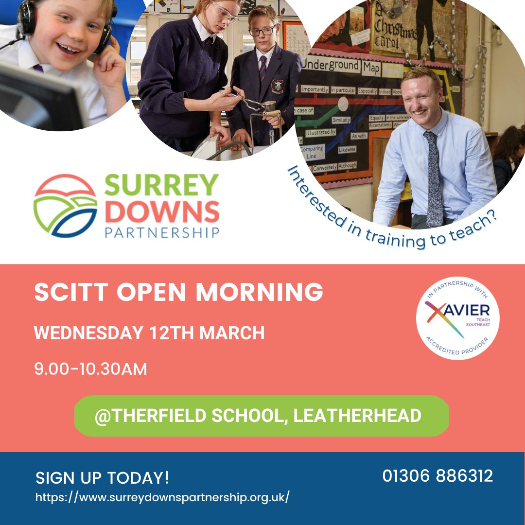 Thinking about teaching? Find out more.
Wednesday 12th March 9am to 10.30am at Therfield School, Dilston Rd, Leatherhead KT22 7NZ
Sign up here: forms.office.com/e/zKgkT2r71m or at surreydownspartnership.org.uk/Train-To-Teach…
#traintoteach #getintoteaching