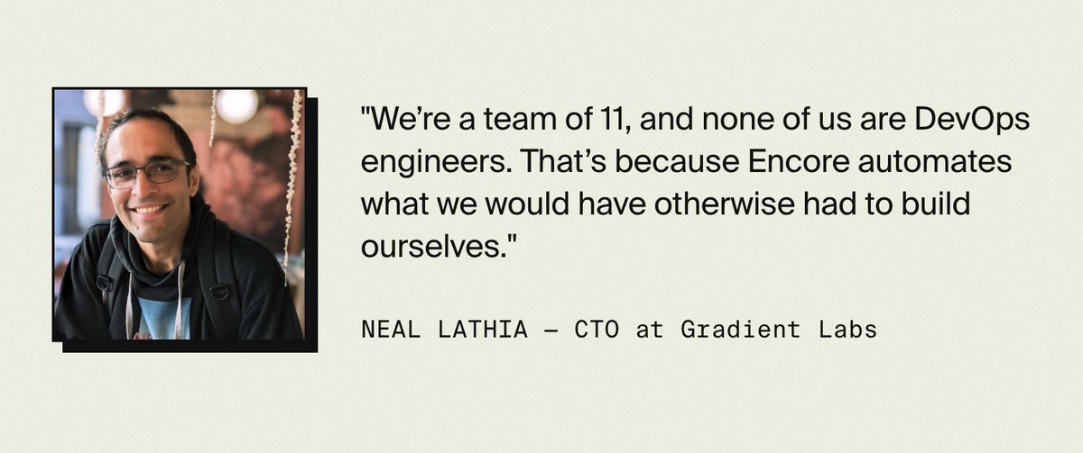 One of our favorite teams <a href="/GradientLabsAI/">Gradient Labs</a> are going places fast. We caught up with <a href="/neal_lathia/">Neal Lathia</a> to hear how Encore is working for them: encore.cloud/customers/grad…