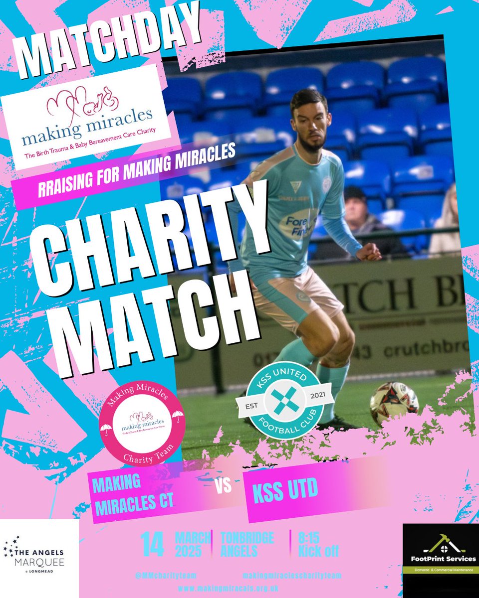 🩷🩵MMCT🆚 KSS UTD
🗓️ Friday 14TH March
⏰ 20:15 kick off 
📍 Tonbridge Angels Fc 
🎟️ Free Entry 
💰 Donations always welcome to making miracles charity
#️⃣ #Charityfootball