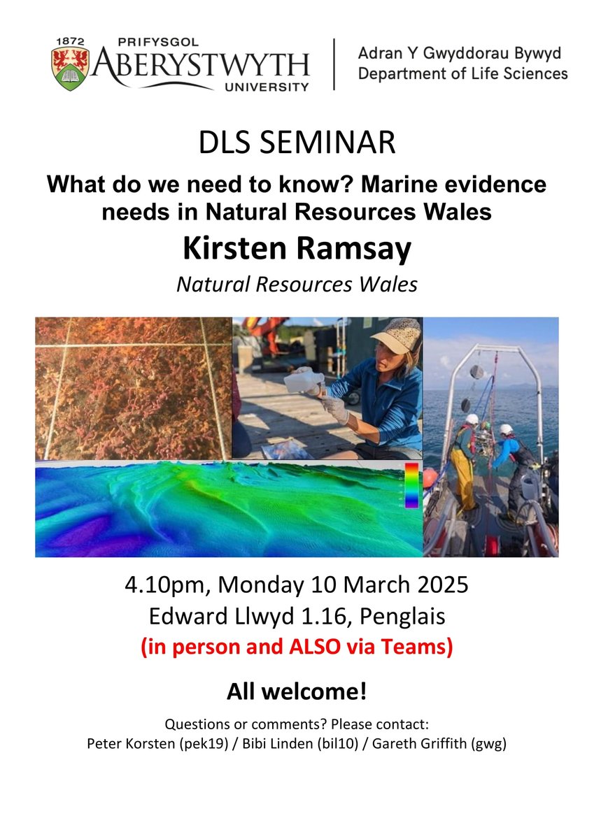 Aberystwyth University DLS/AGB (@aberdlsagb) on Twitter photo Every Monday we host our weekly Departmental Seminar! 🧬
Location: Edward Llwyd 1.16 or DM us for a Teams link
Today's speaker: Kirsten Ramsay on "What do we need to know? Marine evidence needs in <a href="/NatResWales/">Cyfoeth Naturiol Cymru | Natural Resources Wales</a> "
We extend our welcome to everyone! Every Monday we host our weekly Departmental Seminar! 🧬
Location: Edward Llwyd 1.16 or DM us for a Teams link
Today's speaker: Kirsten Ramsay on "What do we need to know? Marine evidence needs in <a href="/NatResWales/">Cyfoeth Naturiol Cymru | Natural Resources Wales</a> "
We extend our welcome to everyone!