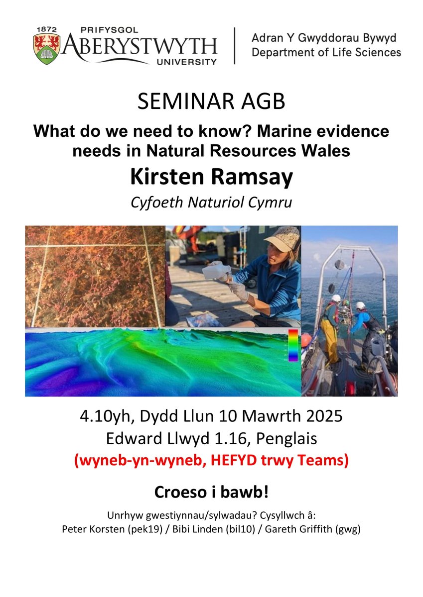 Aberystwyth University DLS/AGB (@aberdlsagb) on Twitter photo Pob dydd Llun rydym yn cynnal ein Seminar adrannol wythnosol! 🧬
Lleoliad: Edward Llwyd 1.16 neu DM-iwch am ddolen Teams
Siaradwr heddiw: Kirsten Ramsay ar "What do we need to know? Marine evidence needs in <a href="/NatResWales/">Cyfoeth Naturiol Cymru | Natural Resources Wales</a> "
Croeso i bawb! Pob dydd Llun rydym yn cynnal ein Seminar adrannol wythnosol! 🧬
Lleoliad: Edward Llwyd 1.16 neu DM-iwch am ddolen Teams
Siaradwr heddiw: Kirsten Ramsay ar "What do we need to know? Marine evidence needs in <a href="/NatResWales/">Cyfoeth Naturiol Cymru | Natural Resources Wales</a> "
Croeso i bawb!
