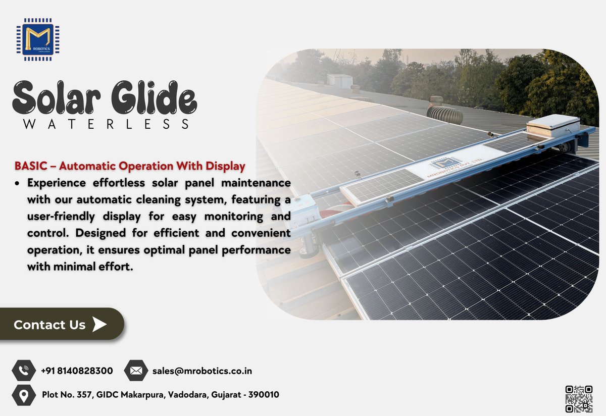 mrobotics_PLTD's tweet image. ☀️ Solar Glide – Waterless Cleaning! ☀️No water, no hassle—just clean solar panels! 🚀 Automatic, smart &amp;amp; efficient, featuring a user-friendly display for easy monitoring. More power, more savings! 🌍

📧 Email: sales@mrobotics.co.in 
📞 +91 8140828300 

#SolarGlide #GoGreen