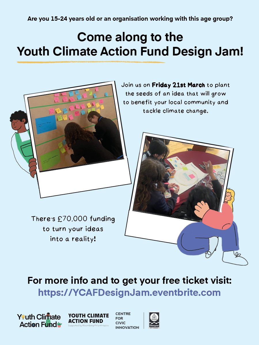 CCIGlasgow's tweet image. Join us on March 21st at the Youth Climate Action Fund Design Jam. Where you can start to turn your idea into a reality!

Sign up via the link below:
YCAFDesignJam.eventbrite.com

#DesignForGood #DesignForPlanet #DesignForGlasgow #YCHA #PeopleMakeGlasgow #Glasgow #ClimateChange