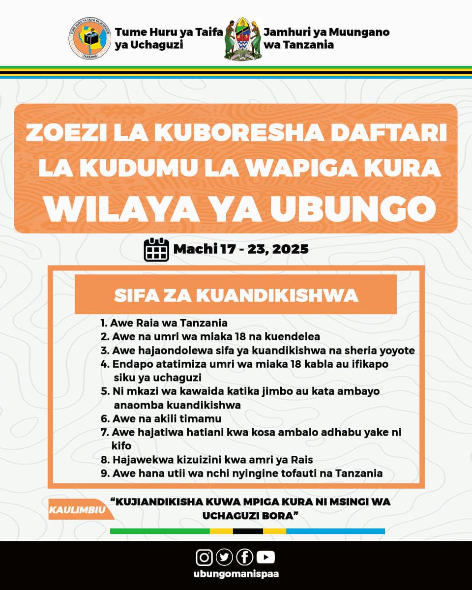 SIFA ZA KUANDIKISHWA KWENYE DAFTARI LA KUDUMU LA WAPIGA KURA