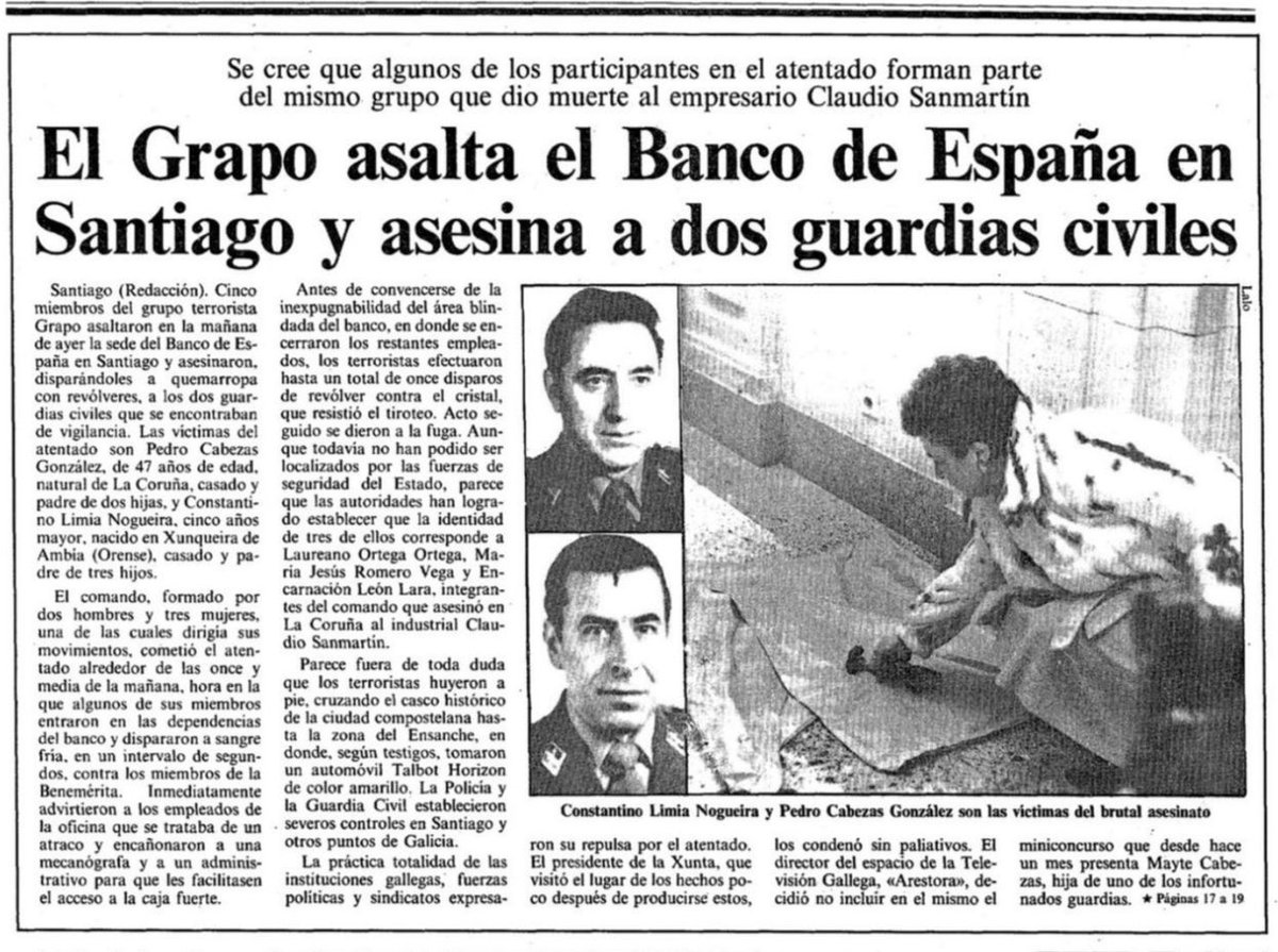 vctorst2's tweet image. Un día como hoy de 1989  los #GRAPO asesinaron en #SantiagoDeCompostela a los @guardiacivil PEDRO CABEZAS GONZÁLEZ y CONSTANTINO LIMIA NOGUEIRAS.

Cinco terroristas entraron en la sede del #BancoDeEspaña.

Allí, uno de ellos disparó a los agentes, causándoles la muerte.

#MEMORIA
