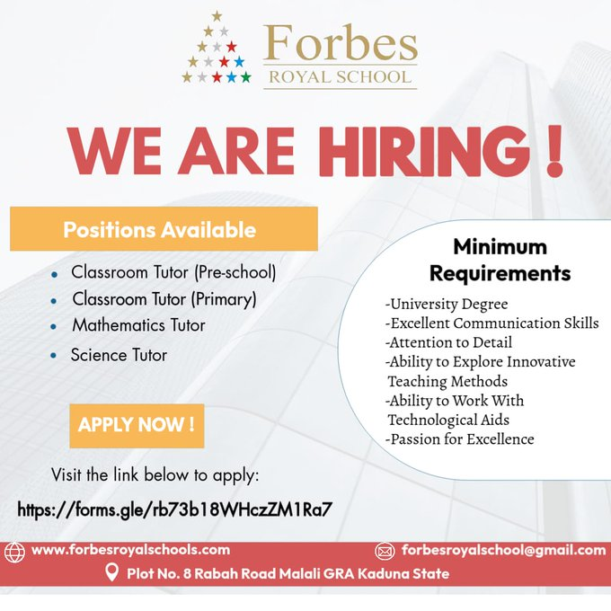 AramideOyekunle's tweet photo. Forbes Royal School seeks passionate Educators to join their team in Kaduna.

Deliver a world-class curriculum with a focus on STEM, coding, and digital literacy in our state-of-the-art Digital Lab. 

Apply Now: https://t.co/IugGa0ob4z https://t.co/RPsb72S8di