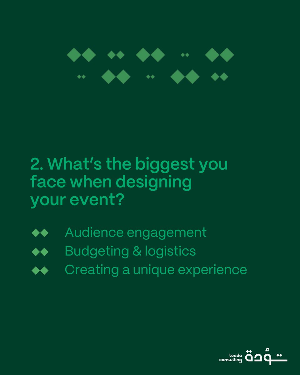 ToadaConsulting's tweet image. Every event needs purpose, solves challenges, measures success. Innovation, networking, culture? We handle it. Engagement, budgets, unique experiences? We solve. Attendance, feedback, impact? We track. From strategy to management, we turn vision to value. #Toada #KSAEvents