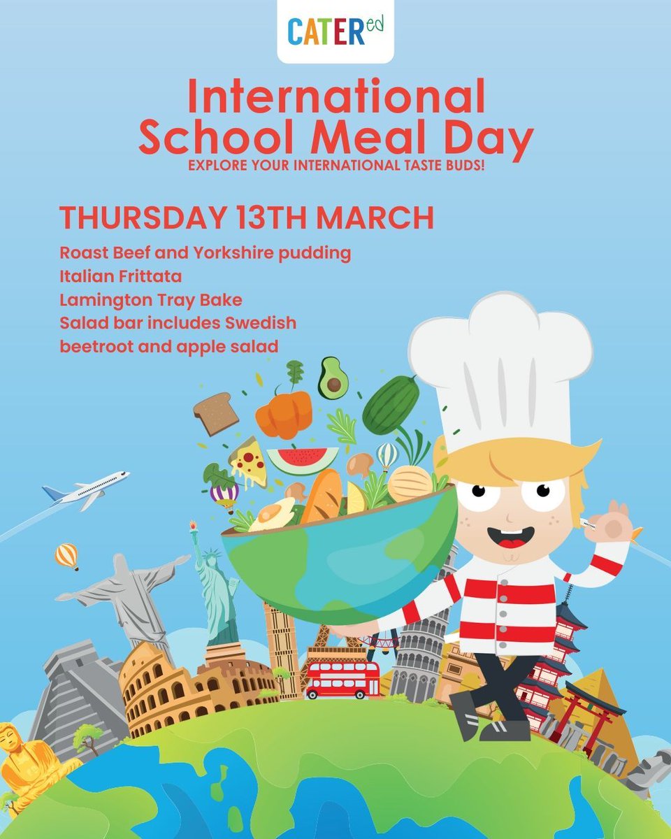 Join us for International School Meal Day on Thursday 13th March!🌍  Experience a delicious mix of global flavours, including Roast Beef &amp; Yorkshire Pudding, Italian Frittata, and Lamgington Tray Bake. Plus, don't miss out on our Swedish beetroot &amp; apple salad at the salad bar!