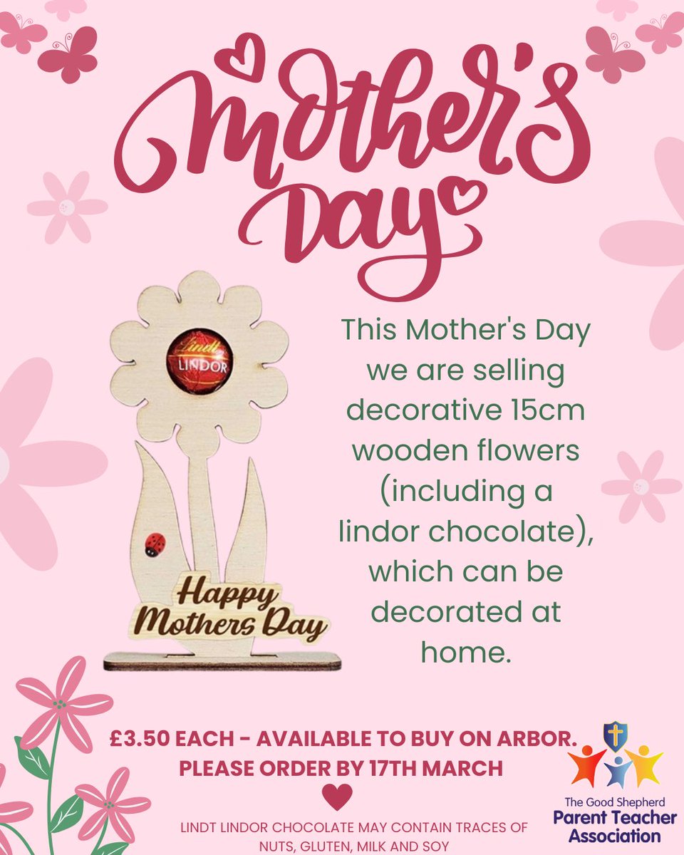 This year for Mother’s Day we are selling wooden flowers that can be decorated at home and include a Lindt chocolate in the middle! 

They cost £3.50 each and are available on Arbor School Shop. 

Please order by Monday 17 March.
@thegsaprimary