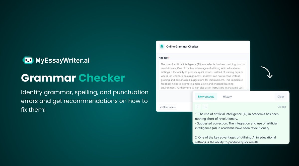MyEssayWriterai's tweet image. Our Grammar Checker quickly fixes grammar mistakes, improving punctuation, sentence structure, and clarity. AI suggestions make writing smooth and error-free.

myessaywriter.ai/grammar-checker

#grammarchecker #grammar #essay #checker #myessaywriter #myessaywriterai