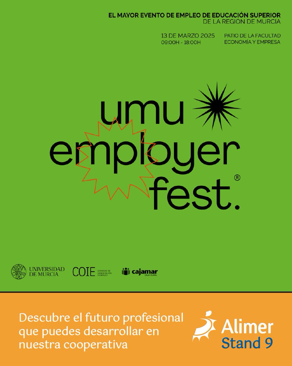 ✴ Os esperamos en nuestro stand, el número 9, para contaros todos los perfiles profesionales que se pueden desarrollar en nuestra cooperativa.

🗓️ Jueves 13 de marzo, de 09h a 18h
📍Patio de la Facultad Economía y Empresa, Universidad de Murcia

#Alimer #UMUEmployerFest #Empleo