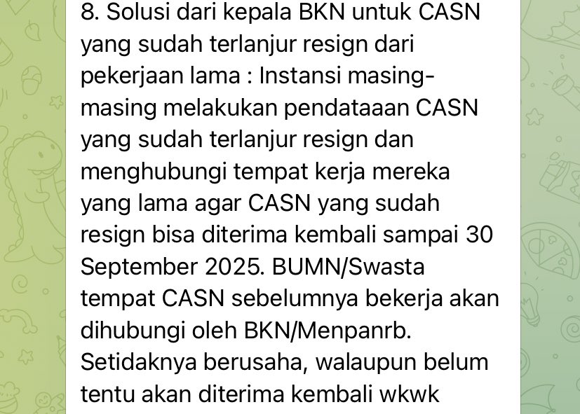 zeezia70's tweet photo. @9D1K5O8S solusinya apa kalau ga diterima kembali? Emg lawak bgt. Setauku, swasta tuh lebih ketat soal kepegawaian
Baru kali ini denger solusi yang bukan solusi
Setidaknya berusaha gaktuh @BKNgoid @kempanrb @KemenBUMN @prabowo @Gerindra
#solushit ๐ญ #SAVECASN2024 #TOLAKKEBIJAKANTMTSERENTAK https://t.co/Rx1SSwhgJZ
