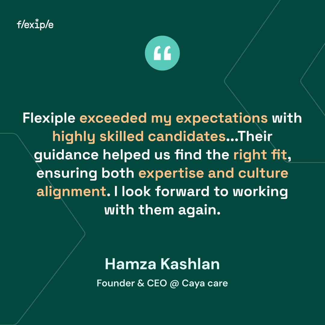 FlexipleTech's tweet image. Hamza Kashlan, CEO at Caya Care, shares his experience working with Flexiple's recommended talent.
#Testimonial #TalentAcquisition #StartupGrowth