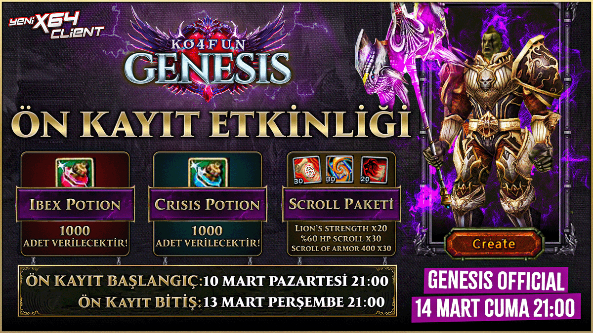🔥KO4FUN - GENESIS 14 MART 21:OO'DA AÇILIYOR (OFFICIAL)
❗Ön Kayıt Detayları: bit.ly/ÖNKAYIT
🎁 SERVER AÇILMADAN ÖN KAYIT YAP - HEDİYELERİ KAZAN
🎁 Genesis Official Ayrıntıları: bit.ly/KO4FUNGENESIS
🎁 Ön kayıt tarih : 10 Mart 21:00 - 13 Mart 21:00 (Bitiş)