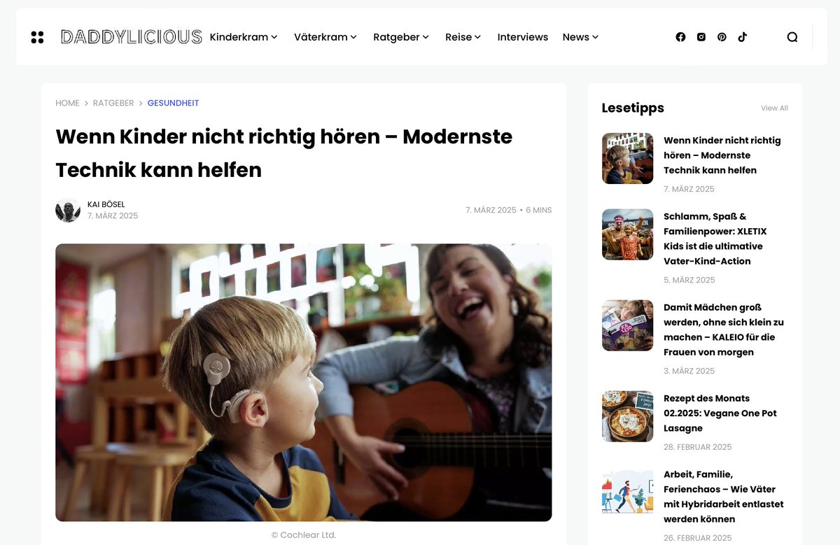 Schaarschmidts's tweet image. „Wenn Kinder nicht richtig hören – Modernste Technik kann helfen“ – das Vätermagazin daddylicious.de war im Zuge der @CochlearDe Hörmesses auf das Thema Cochlea-Implantate aufmerksam geworden. Jetzt gibt’s einen ausführlichen Beitrag. #cochlear 

daddylicious.de/kinder-hoeren-…