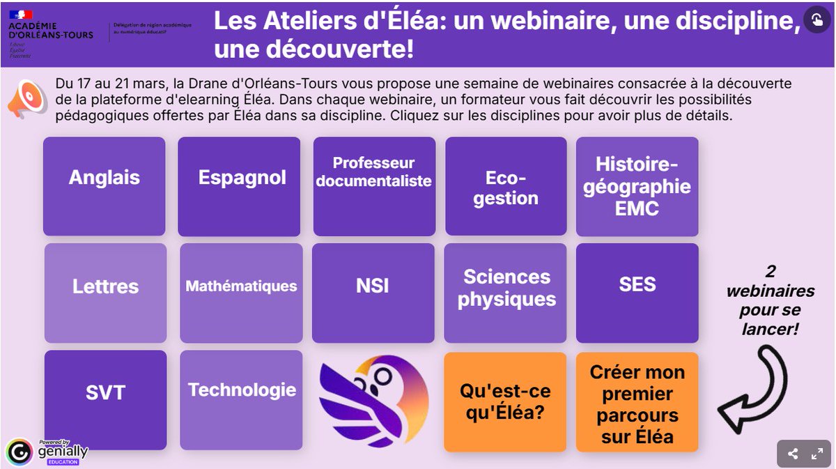 📢 Enseignants de l’<a href="/ac_orleanstours/">Académie d'Orléans-Tours</a>, découvrez #Éléa !
🖥️ Les Ateliers d’Éléa : 1 webinaire, 1 discipline, 1 découverte !
📅 17-21 mars : initiation aux usages pédagogiques
⏳ 50 min, accès libre, replays disponibles !
🔗 Infos &amp; accès …ans-tours.magistere.apps.education.fr/course/view.ph… 
#NumériqueEducatif