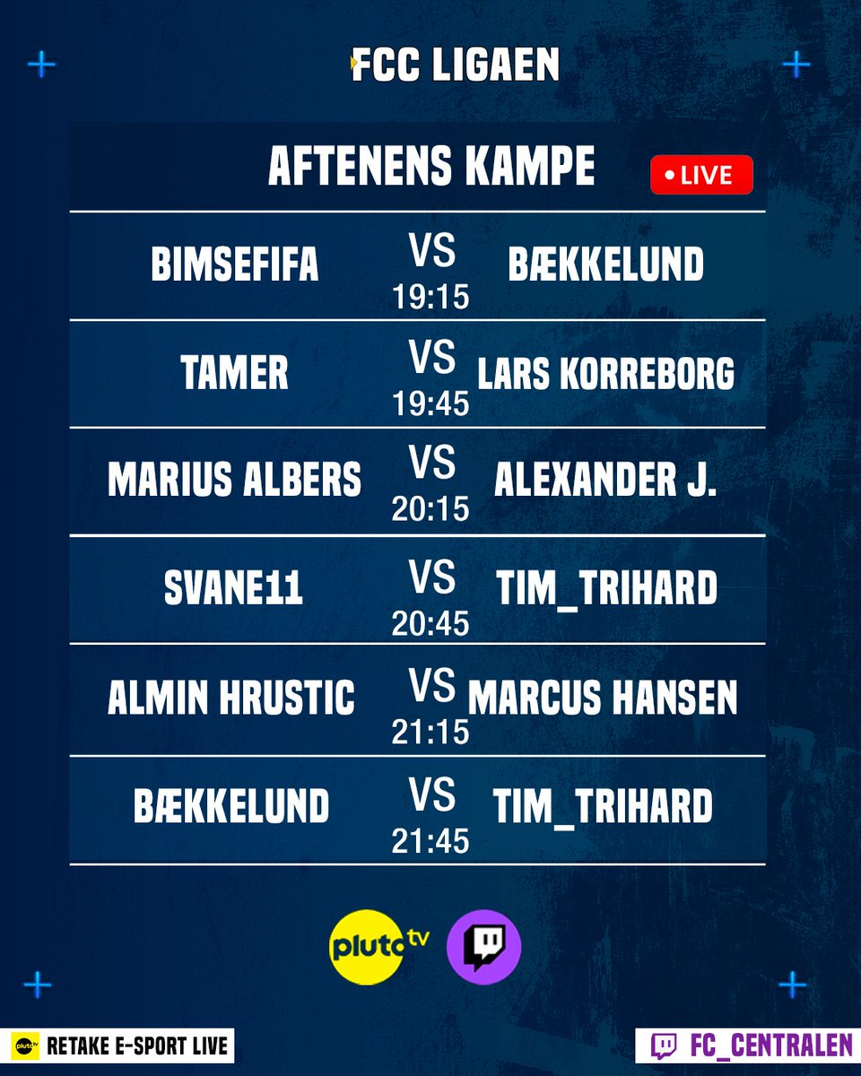 NY KAMPDAG SAMME FCC LIGA🔥

Vi skyder ugen i gang med en ny omgang FCC Ligaen.
Dagen byder på nye derbies, gamle holdkammerater der mødes, og massere af spænding.

Se med på Twitch &amp; Pluto TV i dag kl 19:00🖥

#FCCLIGAEN #FC25