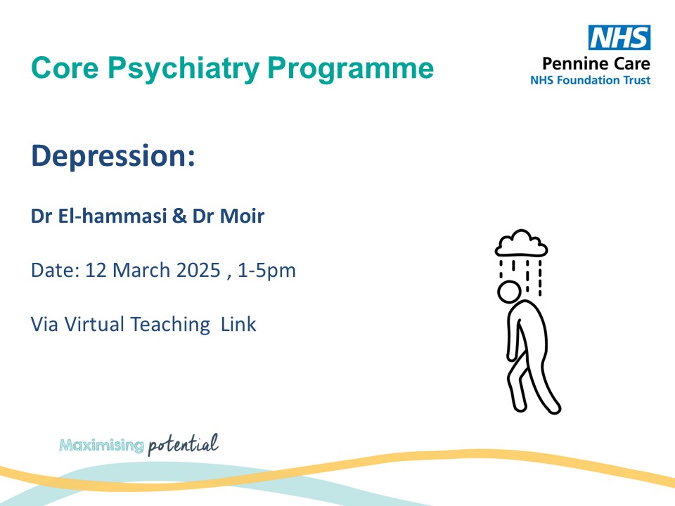 Pennine Care Medical Education (@penninemeded) on Twitter photo Come and join this weeks psychiatry programme on "Depression" delivered by Dr El-Hammasi & Dr Moir on the 12th of march 2025 1-5pm via a virtual teaching link. <a href="/PennineCareNHS/">Pennine Care NHS FT</a> Come and join this weeks psychiatry programme on "Depression" delivered by Dr El-Hammasi & Dr Moir on the 12th of march 2025 1-5pm via a virtual teaching link. <a href="/PennineCareNHS/">Pennine Care NHS FT</a>